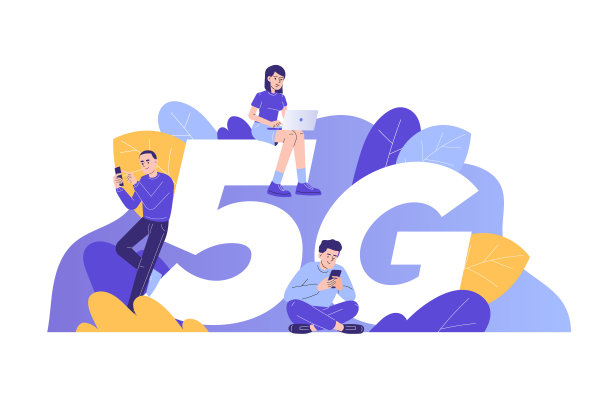 5G网络无线技术概念。人们站在或坐在大的5G标志附近，使用智能手机。高速移动互联网连接。创新。孤立矢量，网页插图图片下载