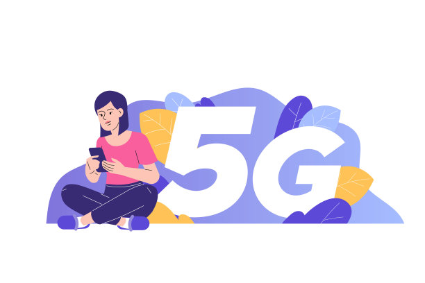 5G网络无线技术概念。年轻快乐的女人坐在大5G标志附近，使用智能手机。高速移动互联网连接。创新。孤立矢量，网页插图图片下载