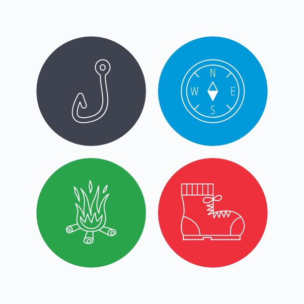 钓鱼钩指南针和登山靴的图标图片下载