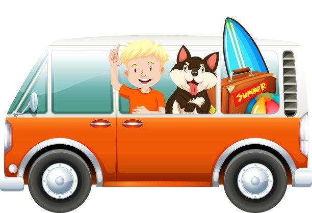 男孩和狗在露营车上图片下载