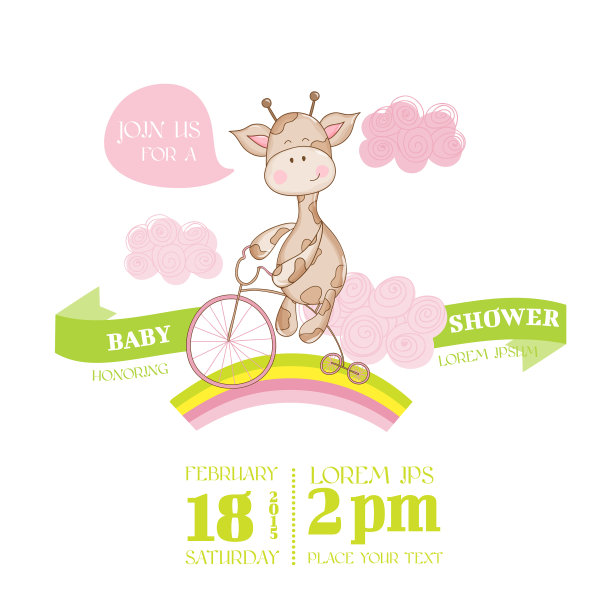婴儿送礼会或抵达卡-与小长颈鹿图片下载