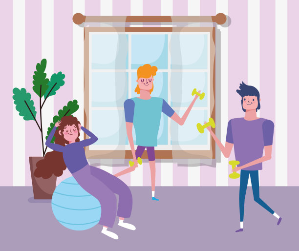 年轻人在室内用哑铃锻炼身体，女人在家里用健身球锻炼身体图片下载