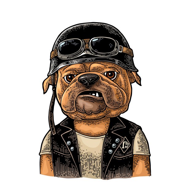 斗牛犬戴着头盔和眼镜。黑色复古雕刻图片下载