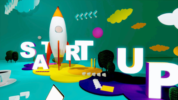 三维等距渲染图创业概念设计，抽象城市现代风格，信息图形创业概念。火箭飞船起飞了。图片下载