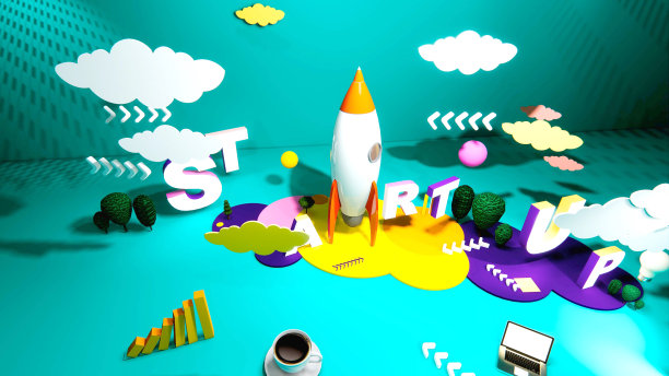 三维等距渲染图创业概念设计，抽象城市现代风格，信息图形创业概念。火箭飞船起飞了。图片下载