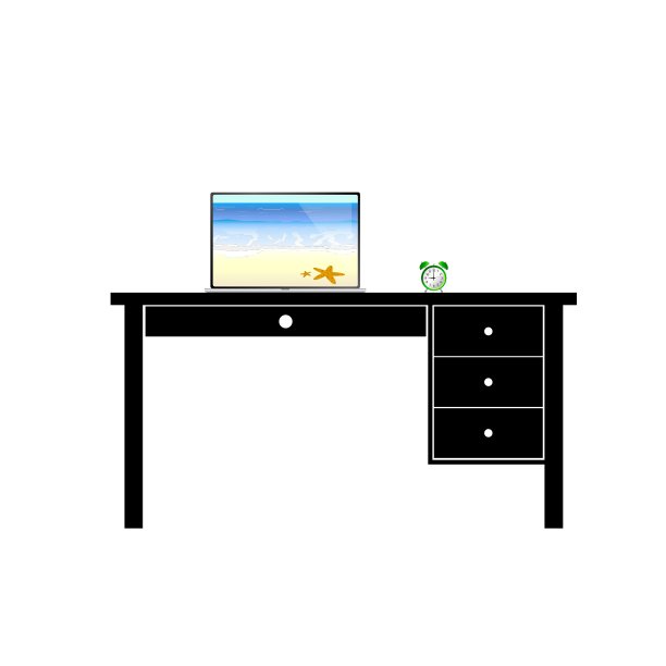 桌上放着笔记本电脑和时钟图片下载