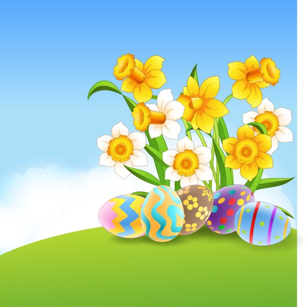 彩蛋，复活节和花的卡通图片下载