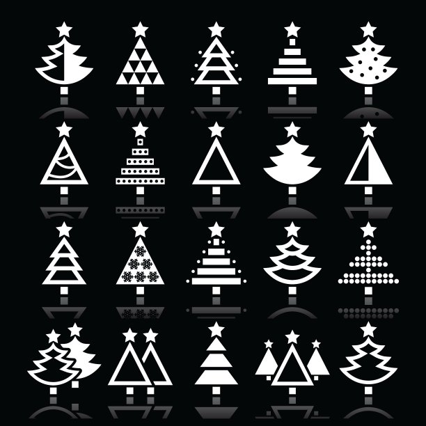 圣诞树白色图标设置孤立的黑色图片下载