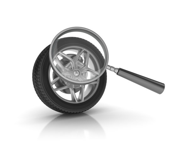 放大镜与汽车车轮- 3D渲染图片下载