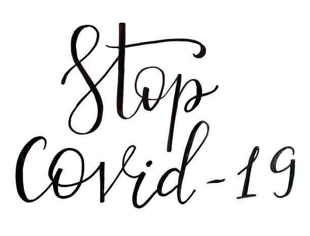 白色背景上的黑色手写题词“阻止COVID-19”图片下载