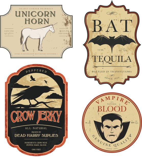 有趣的老式彩色万圣节药水标签图片下载