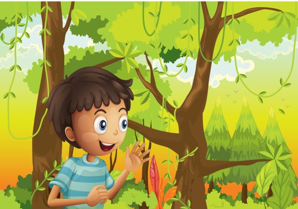 一个年轻人在绿色的森林里图片下载