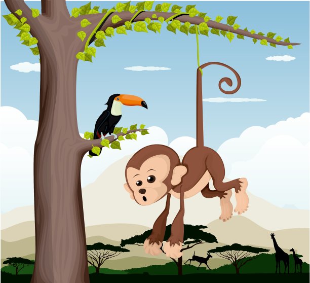 树上有一只猴子和一只鸟图片下载