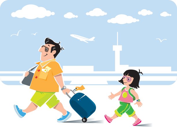 有趣的飞机乘客和他的女儿带着行李图片下载