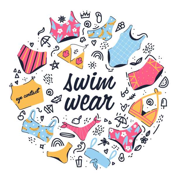 内衣和泳衣矢量贴纸集。各种款式的女沙滩时装、游泳衣、比基尼、比基尼。内衣、上衣和下装。矢量平面插图孤立。夏天共鸣横幅图片下载