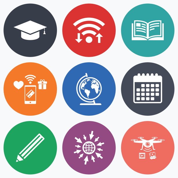 铅笔和打开的书标志毕业帽图标图片下载