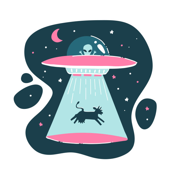 牛被不明飞行物绑架了。有趣的绘画，幼稚，有趣。手工绘图。孤立的外星打印。平面向量插图图片下载