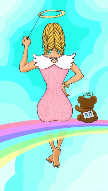 坐在彩虹上的女孩图片下载