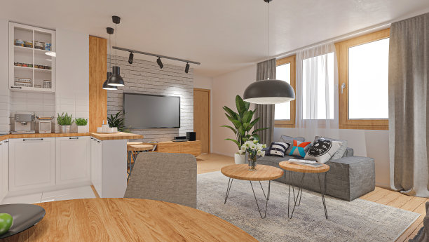 漂亮的现代家庭客厅，旁边有厨房图片下载