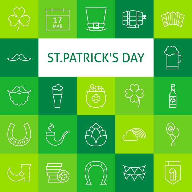 线条艺术现代圣帕特里克节图标集图片下载