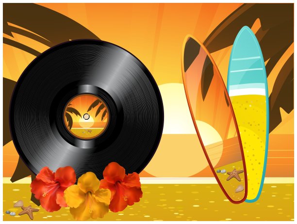 夏季日落背景与黑胶唱片冲浪图片下载