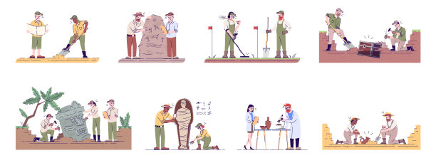 考古平面矢量插图集。考古探险挖掘。田野考古学家和实验室研究孤立的卡通人物与轮廓元素的白色背景图片下载