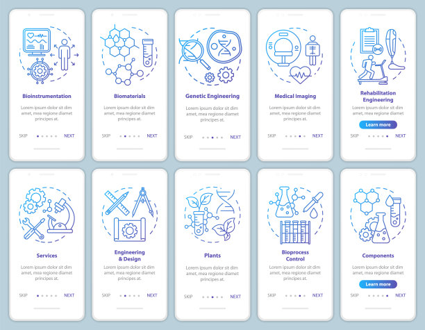 生物工程登陆移动应用程序页面屏幕矢量模板。医学成像、服务。生物材料。用线性插图演练网站步骤。UX, UI, GUI智能手机界面概念图片下载