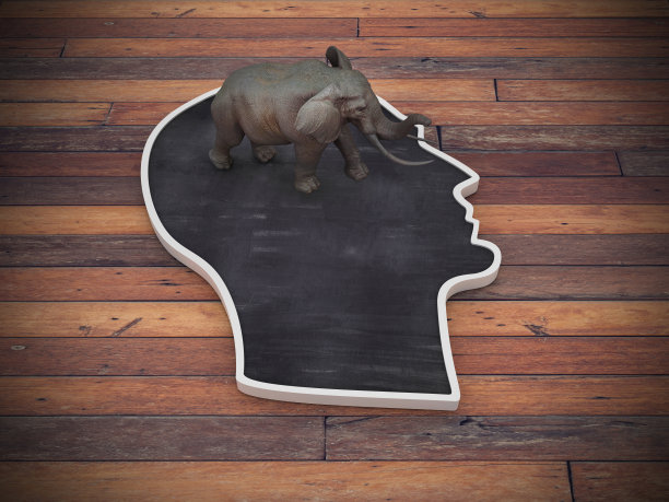 人的头形状与木地板上的大象- 3D渲染图片下载