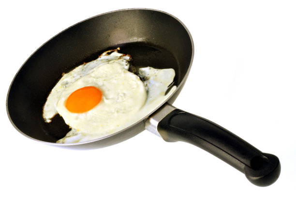 白底煎蛋在煎锅里煎熟的鸡蛋图片下载