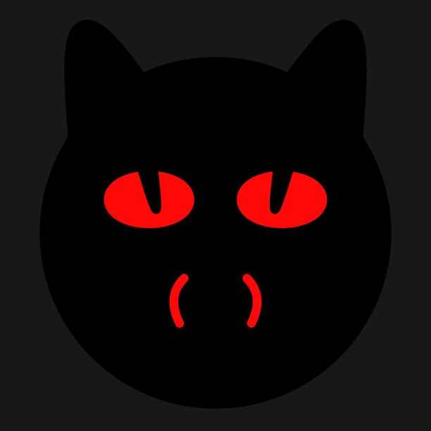 黑猫的头，红色的眼睛和尖牙映衬着黑色的背景。素材图片