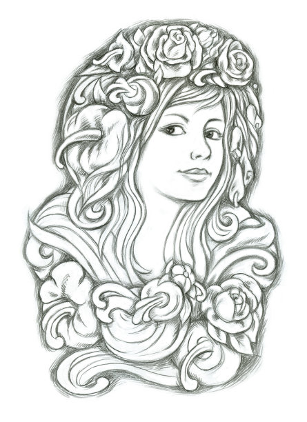一个头发上插着花的女孩的肖像。戴着花环的女人。用黑色铅笔手绘素描。适用于明信片、印刷、着色。图片下载
