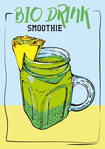 新鲜的冰沙在一个罐子。健康的生活。生物饮料超级食品和健康或排毒饮食食品。矢量手绘插图。伟大的海报，横幅，代金券，优惠券。素材图片