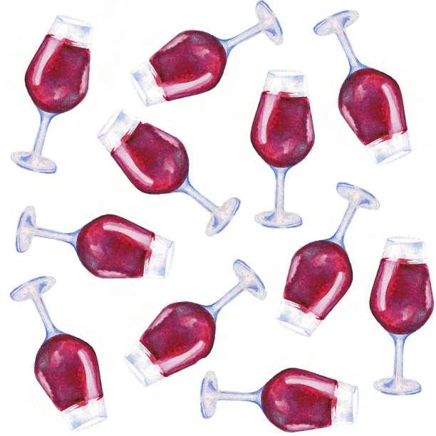水彩红酒杯图案上的白色背景图片下载