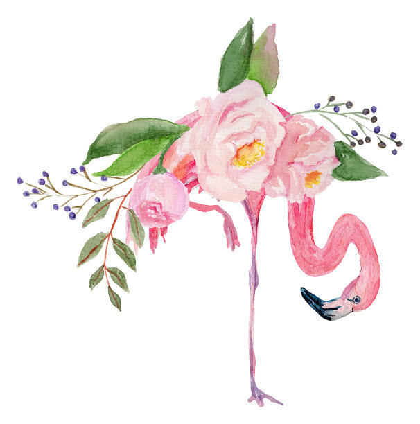 水彩画火烈鸟和花，为婚礼卡片，浪漫的印刷品，织物，纺织品和剪贴簿。素材图片