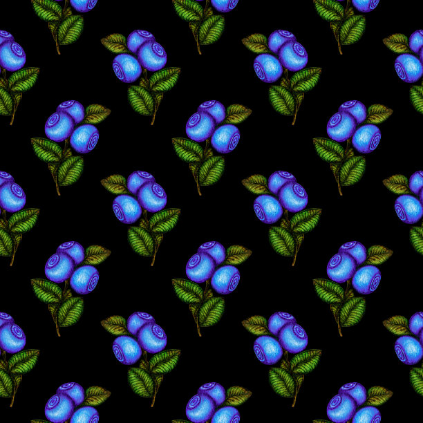 无缝手绘水彩模式与蓝色森林浆果，蓝莓与绿色的叶子在黑色的背景。图片下载