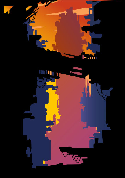 插图的艺术未来城市摩天大楼在日落时暗橙色效果图片下载