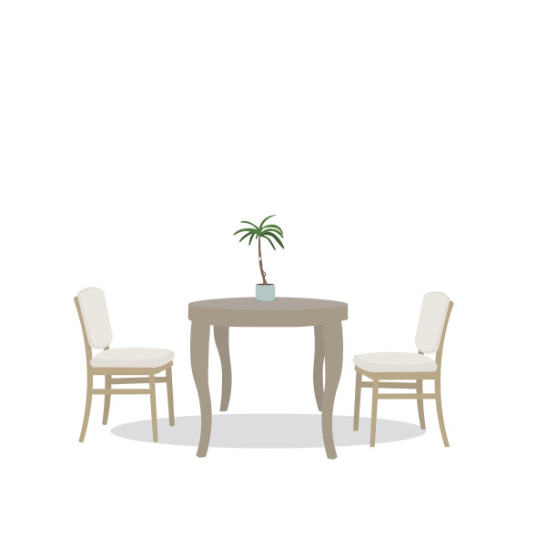 白色背景的2d桌子和两把椅子进行装饰设计。桌子的空间概念。矢量设计。木制的桌子。商业背景。白色背景隔离。家居装饰。图片下载