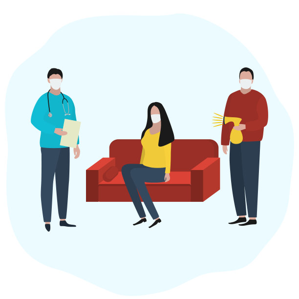 一名妇女坐在家里的沙发上，戴着医用口罩，她生病了，旁边站着一位医生。时尚时尚插画，平面设计。冠状病毒在世界范围内的大流行和流行图片下载