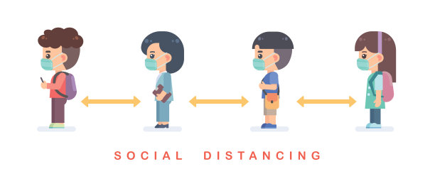 社会距离的概念。可爱的人们戴着防护口罩，站着排队，保持距离，防止感染新冠肺炎。矢量平面设计插图。图片下载