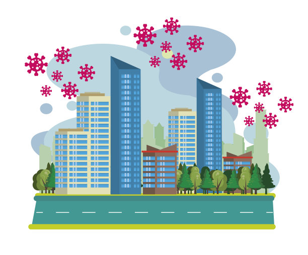 新冠肺炎大流行粒子与城市景观景图片下载