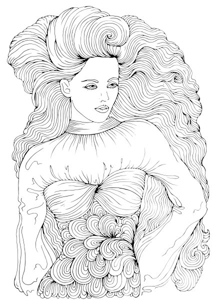 向量手绘肖像性感的时尚女人与长波浪的头发。迷人的时尚模特摆出时尚的姿势。彩色图纹页，成人A4大小，白色背景图片下载