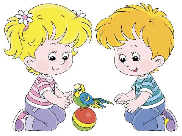 孩子们在和一只有趣的鹦鹉玩耍图片下载