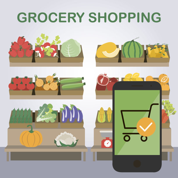 在杂货店网上购物。通过手机app订餐，将水果和蔬菜送货上门。为全家提供环保产品，天然食品图片下载