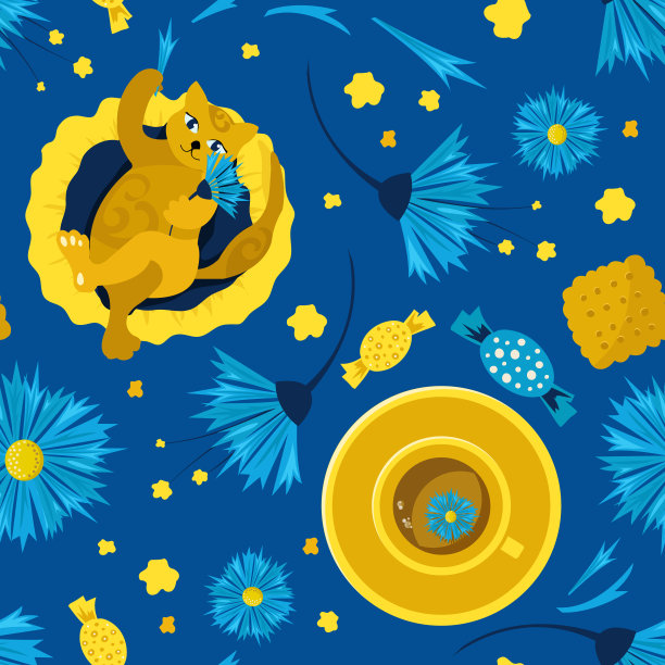 枕头上有猫和菊苣花和矢车菊茶的无缝图案。舒适的家的概念。矢量插图。设计儿童用品，背景，壁纸。图片下载