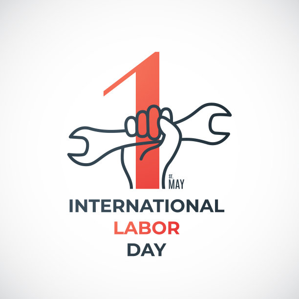 劳动节概念横幅与红色数字1和手握扳手。五月一日，劳动节。股票矢量插图。图片下载