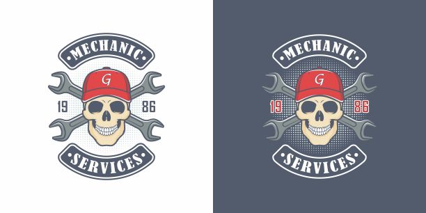 一套彩色插图骷髅技工在一顶帽子，交叉扳手和文字上的彩色背景图片下载