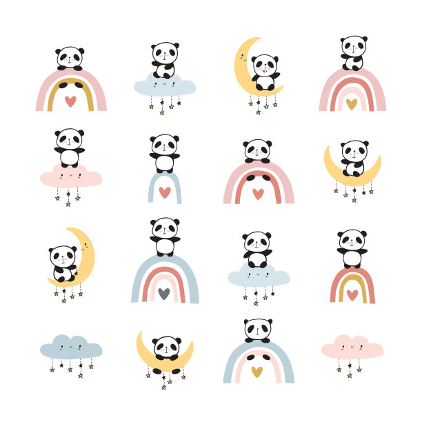 一组可爱的熊猫在云，彩虹和月亮上。图片下载