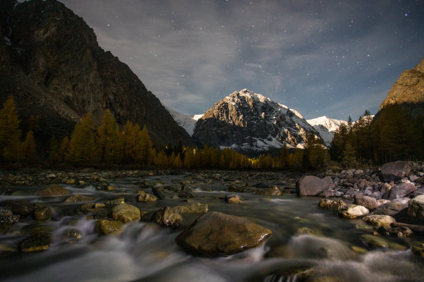 在白雪皑皑的山峰和星空的映衬下，长时间曝光河流和石头。美丽的照片图片下载