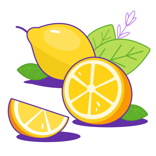 一组鲜亮的带叶子的柠檬。柑橘，一半柠檬，切碎的柠檬。柠檬片。印刷、网页、包装设计图片下载