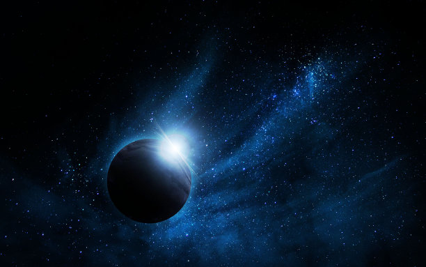 抽象空间插图，三维图像，行星和太空蓝色星云图片下载